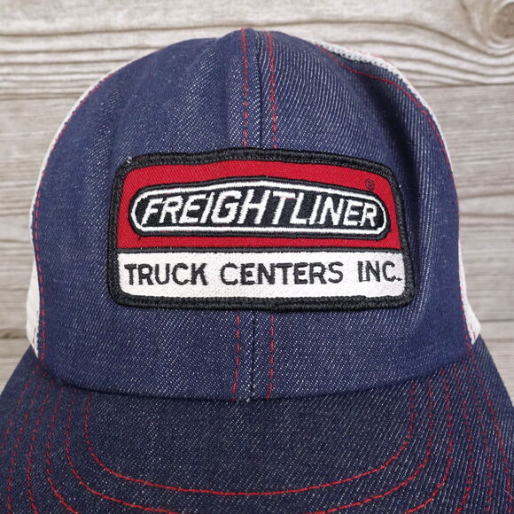 VINTAGE FREIGHTLINER TRUCK CENTERS DENIM BLUE JEAN USA MADE TRUCKER HAT CAP - Picture 2 of 11
